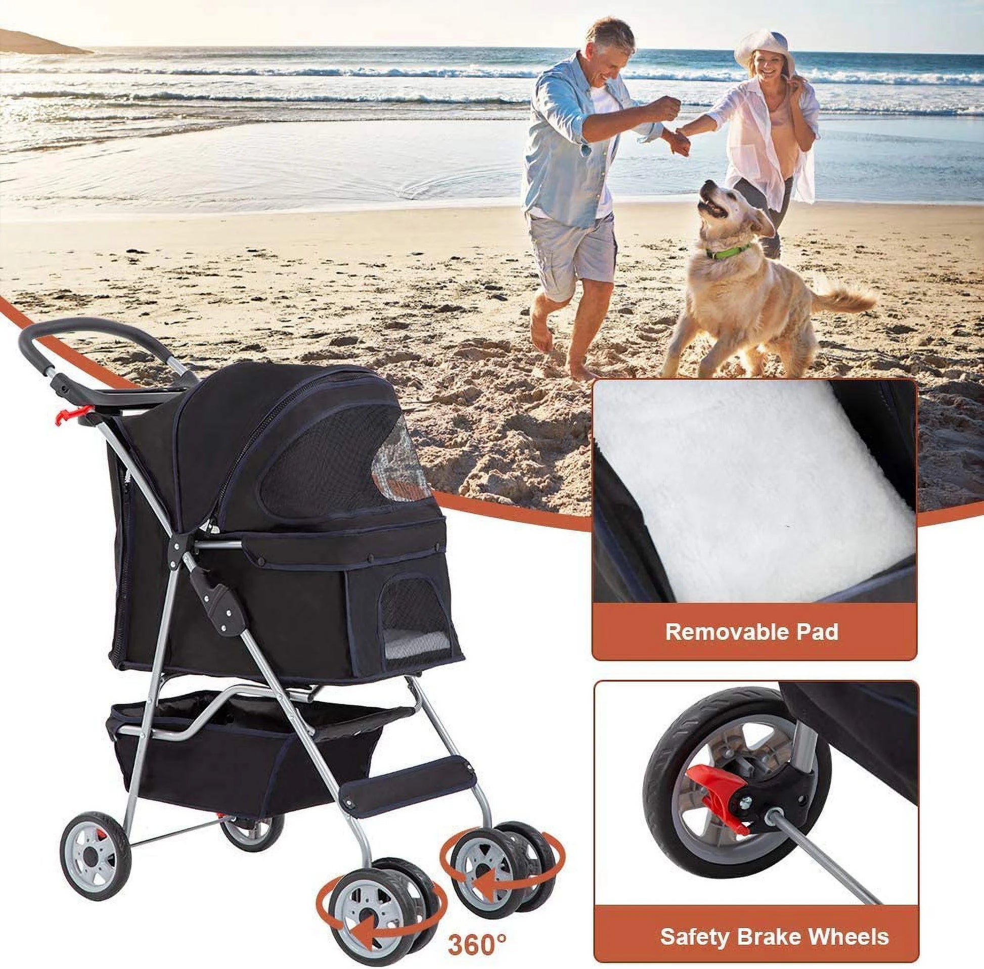 Premium Black Folding Pet Stroller - 39" Height for Ultimate Comfort and Convenience