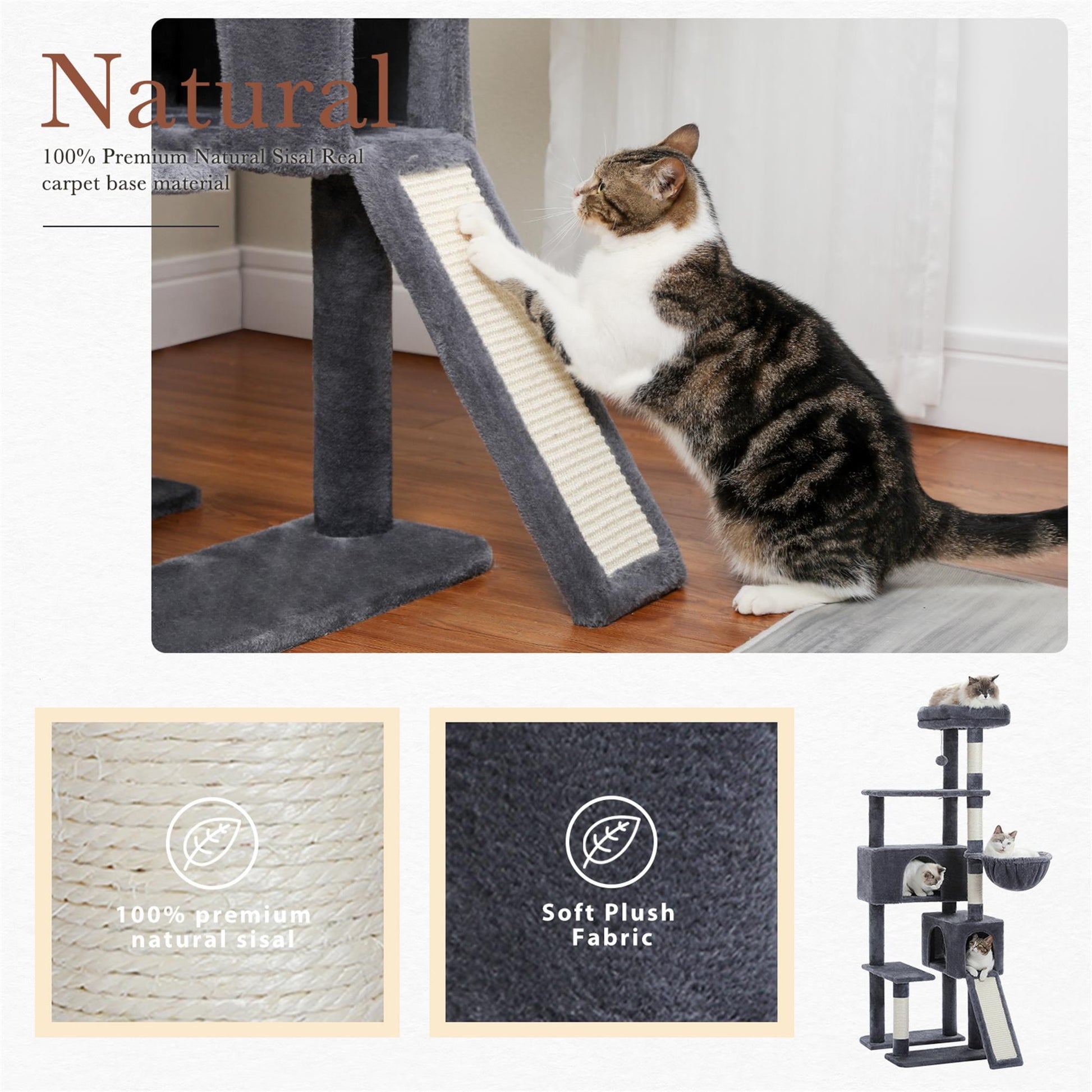 Deluxe 61" Gray Cat Tree Tower with Scratching Posts and Cozy Condo for Indoor Cats