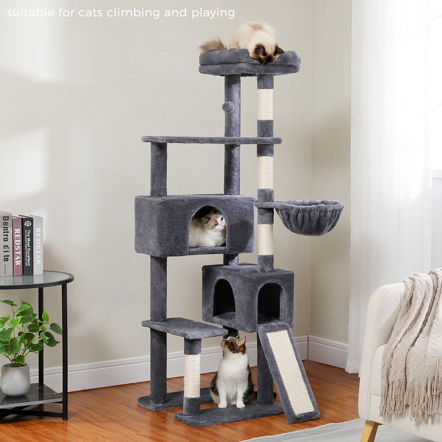 Deluxe 61" Gray Cat Tree Tower with Scratching Posts and Cozy Condo for Indoor Cats