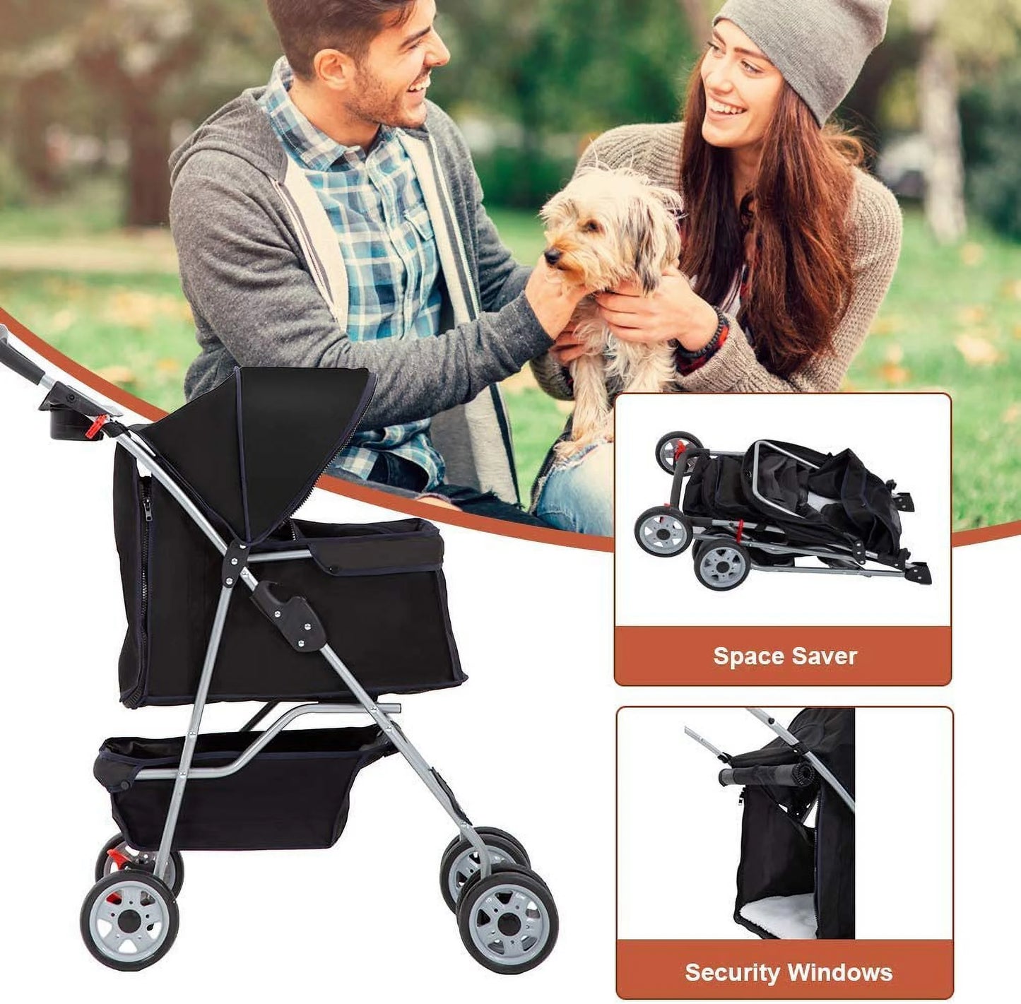 Premium Black Folding Pet Stroller - 39" Height for Ultimate Comfort and Convenience