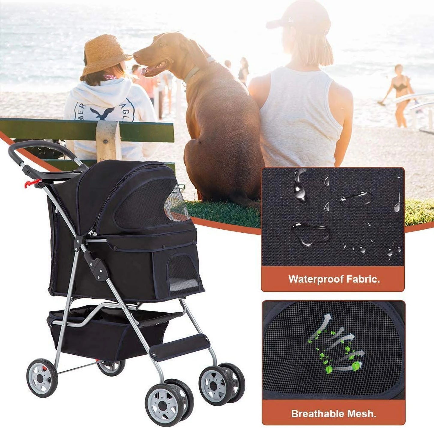 Premium Black Folding Pet Stroller - 39" Height for Ultimate Comfort and Convenience