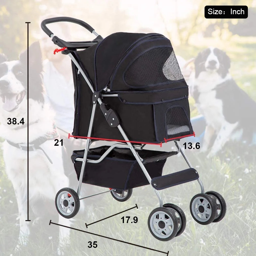 Premium Black Folding Pet Stroller - 39" Height for Ultimate Comfort and Convenience