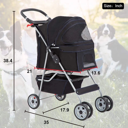 Premium Black Folding Pet Stroller - 39" Height for Ultimate Comfort and Convenience